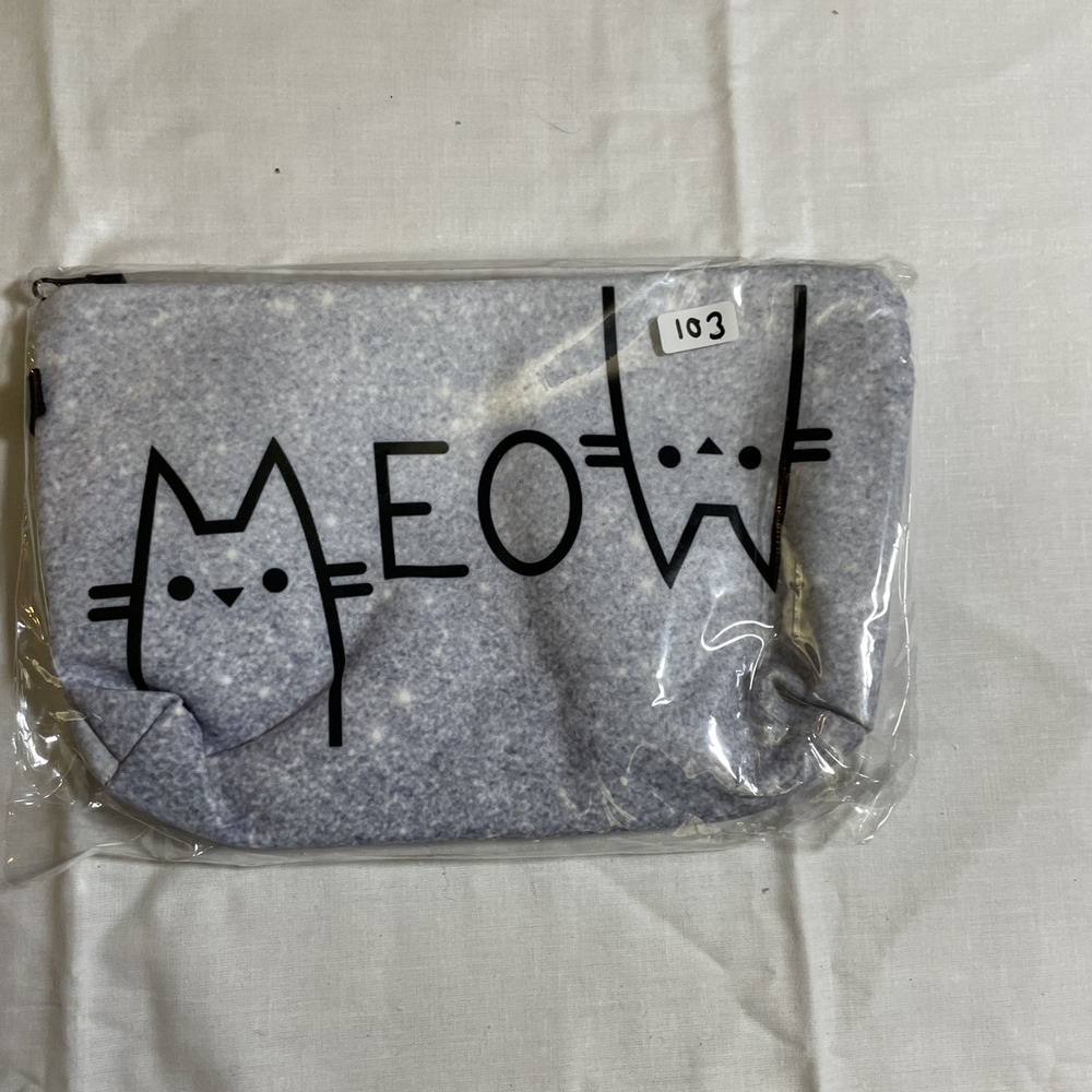 The Pouch MEOW Cat Cosmetic Bag Unisex Small Blue Grey NWT Zippered Travel Case